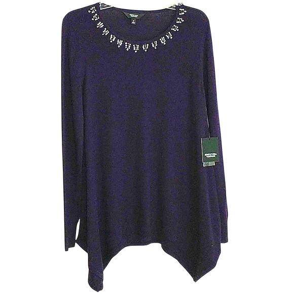 Vera Wang Sweater Women's Sz M Navy Blue Embellished Knit Long Sleeve Pullover - Picture 8 of 12